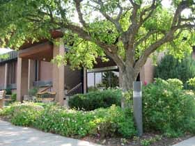 Building exterior with mature shade tree and landscaping